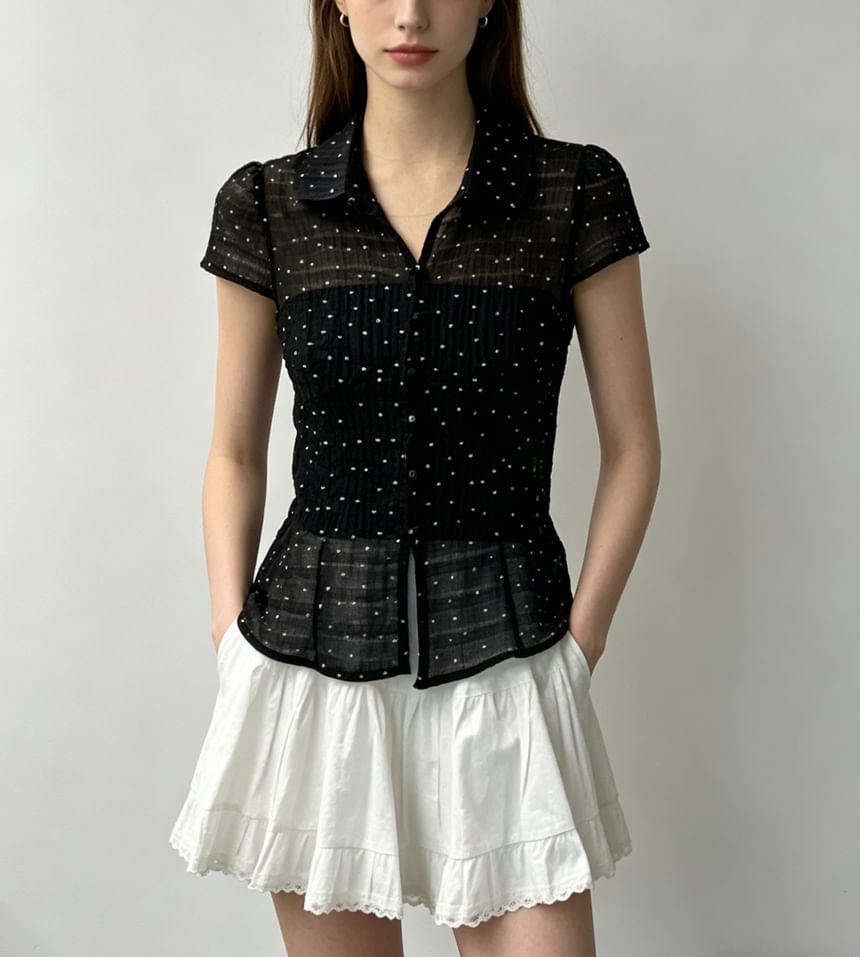 Short Sleeve Polka Dot Tie Waist Sheer Blouse with Tube Top