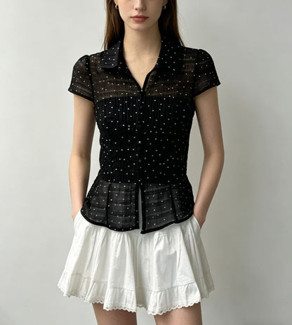 Short Sleeve Polka Dot Tie Waist Sheer Blouse with Tube Top