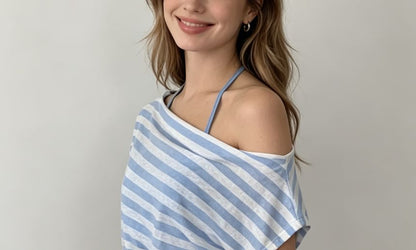 Two Piece Set: Off Shoulder Striped Ruched Tee and Halter Camisole