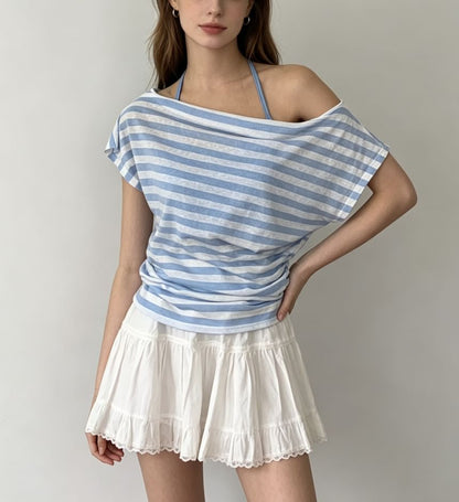 Two Piece Set: Off Shoulder Striped Ruched Tee and Halter Camisole