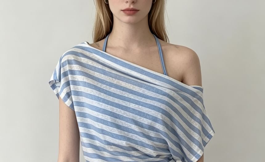 Two Piece Set: Off Shoulder Striped Ruched Tee and Halter Camisole