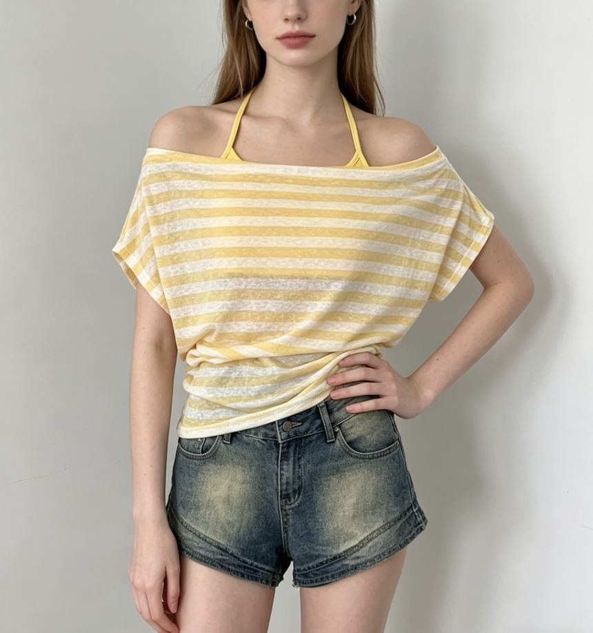 Two Piece Set: Off Shoulder Striped Ruched Tee and Halter Camisole