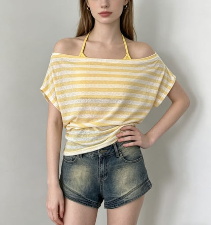 Two Piece Set: Off Shoulder Striped Ruched Tee and Halter Camisole