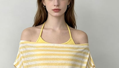 Two Piece Set: Off Shoulder Striped Ruched Tee and Halter Camisole