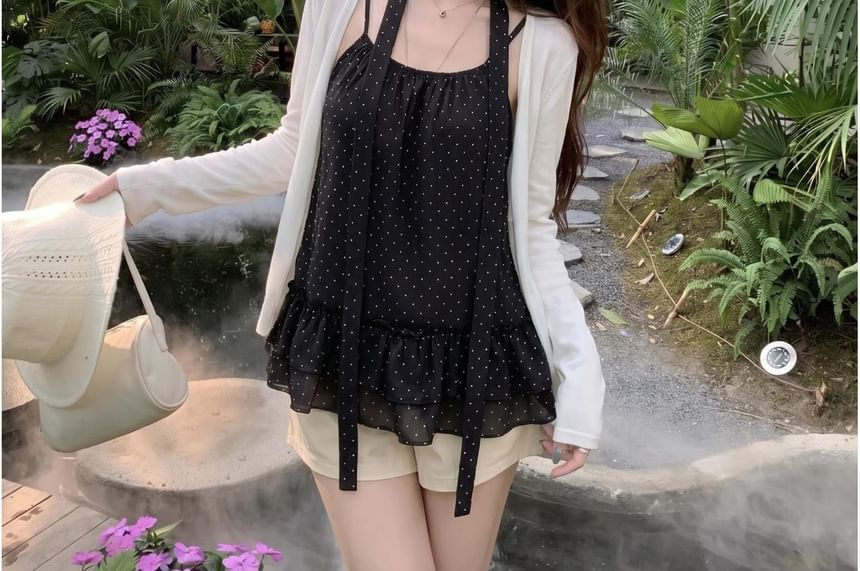 Open Front Cardigan with Scoop Neck Ruffle Camisole and Scarf Ensemble