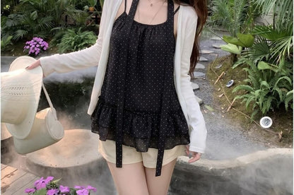 Open Front Cardigan with Scoop Neck Ruffle Camisole and Scarf Ensemble