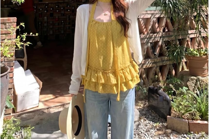 Open Front Cardigan with Scoop Neck Ruffle Camisole and Scarf Ensemble