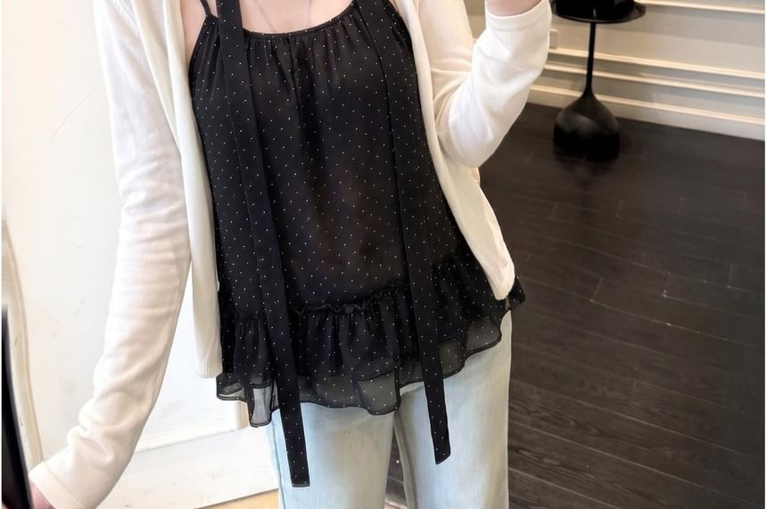 Open Front Cardigan with Scoop Neck Ruffle Camisole and Scarf Ensemble