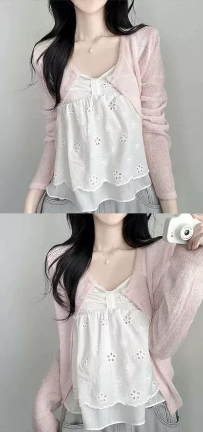 Cap Sleeve V-Neck Perforated Flowy Crop Top