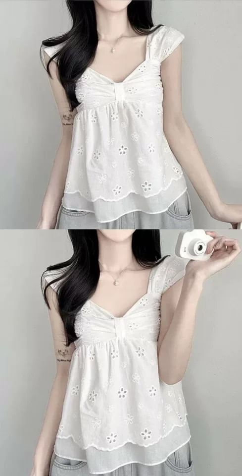 Cap Sleeve V-Neck Perforated Flowy Crop Top