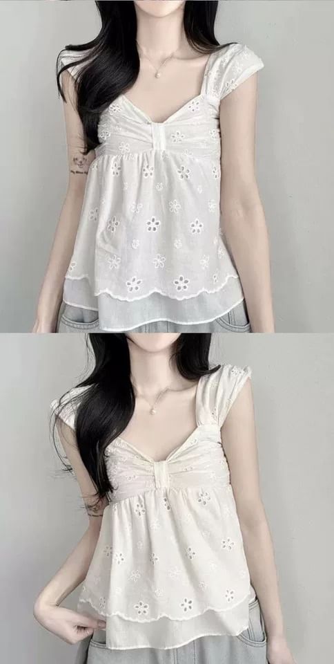 Cap Sleeve V-Neck Perforated Flowy Crop Top