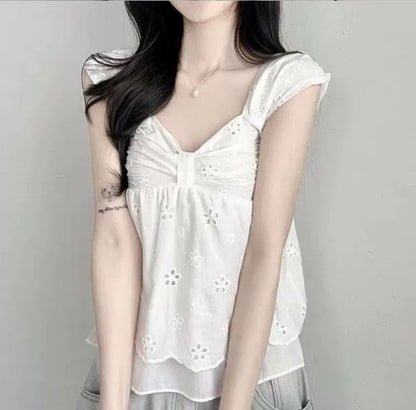 Cap Sleeve V-Neck Perforated Flowy Crop Top
