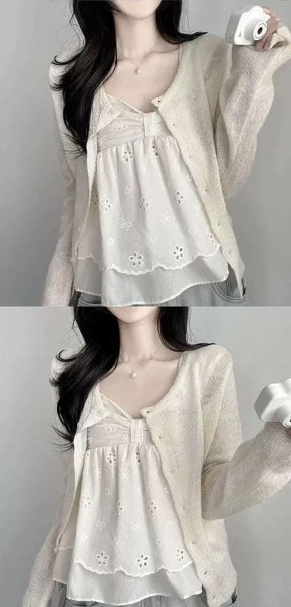 Cap Sleeve V-Neck Perforated Flowy Crop Top