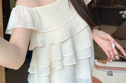 One Shoulder Ruffle Asymmetrical Solid Blouse