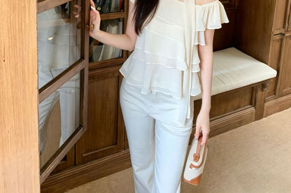 One Shoulder Ruffle Asymmetrical Solid Blouse