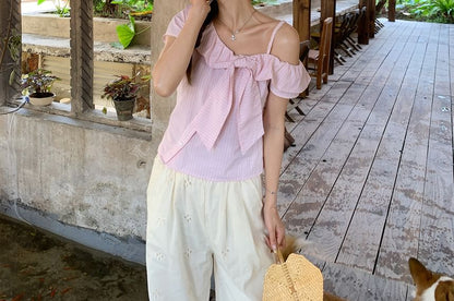 Cold Shoulder Striped Bow Short Sleeve Blouse
