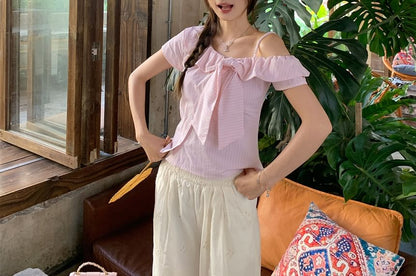 Cold Shoulder Striped Bow Short Sleeve Blouse