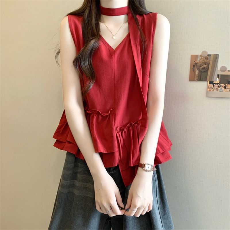 Sleeveless V-Neck Ruffle Asymmetrical Blouse