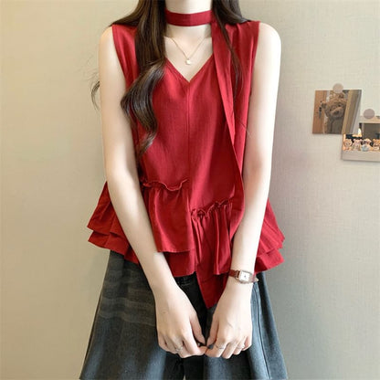 Sleeveless V-Neck Ruffle Asymmetrical Blouse