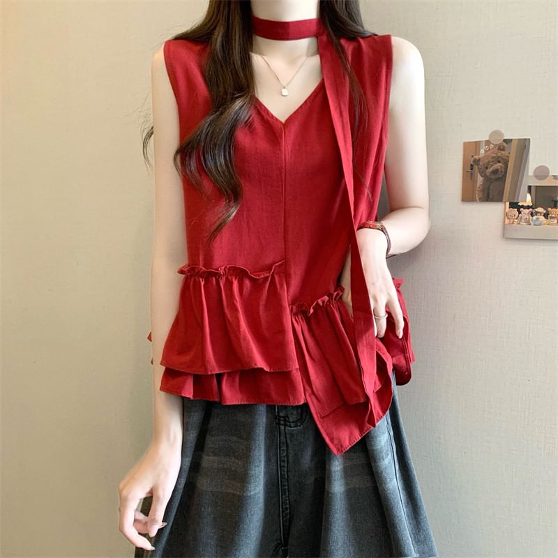 Sleeveless V-Neck Ruffle Asymmetrical Blouse