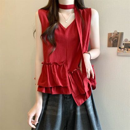 Sleeveless V-Neck Ruffle Asymmetrical Blouse