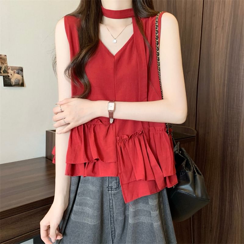 Sleeveless V-Neck Ruffle Asymmetrical Blouse