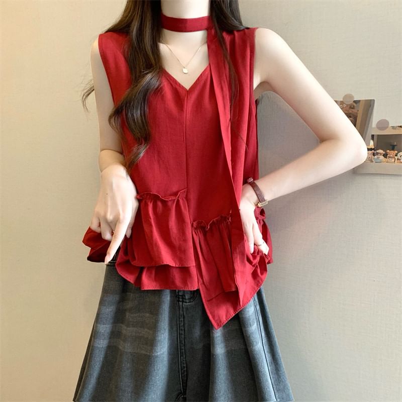 Sleeveless V-Neck Ruffle Asymmetrical Blouse