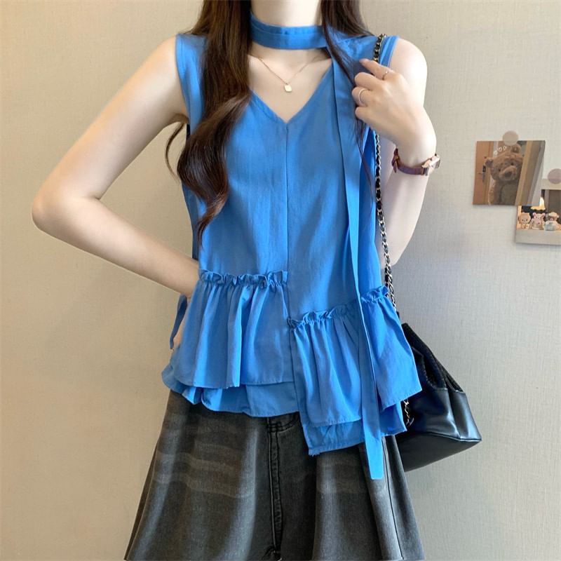 Sleeveless V-Neck Ruffle Asymmetrical Blouse