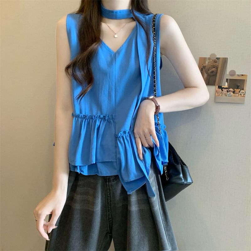 Sleeveless V-Neck Ruffle Asymmetrical Blouse
