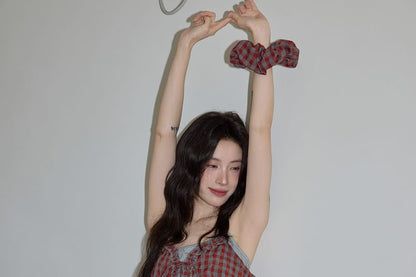Two Piece Set: Cropped Halter Top and Gingham Ruffle Camisole