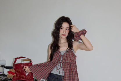 Two Piece Set: Cropped Halter Top and Gingham Ruffle Camisole