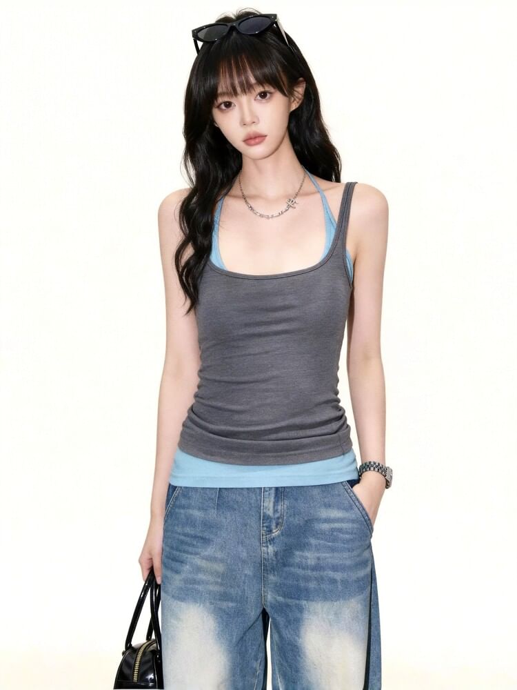 Scoop Neck Two Tone Mock Two Piece Tank Top