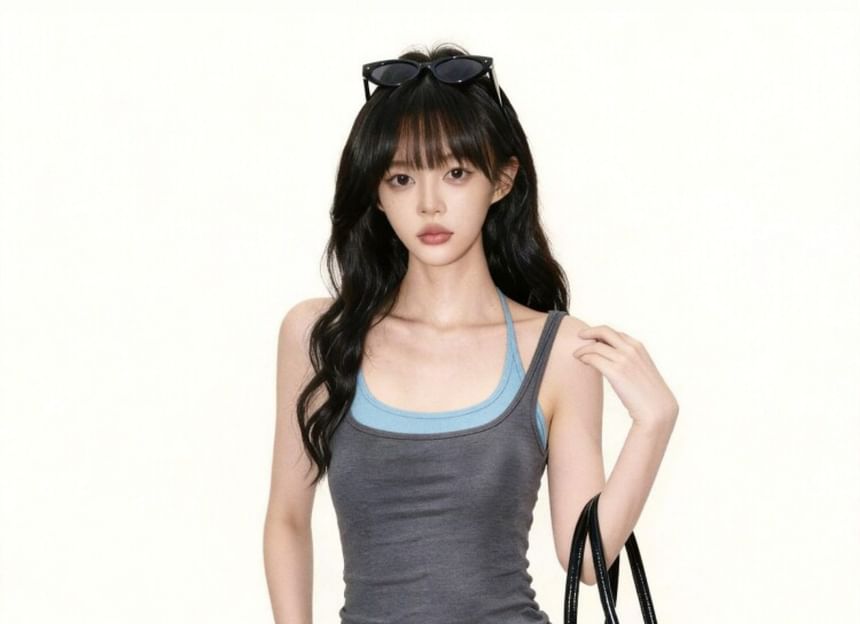 Scoop Neck Two Tone Mock Two Piece Tank Top