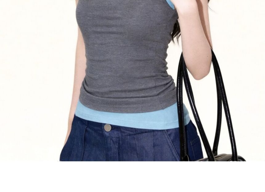 Scoop Neck Two Tone Mock Two Piece Tank Top