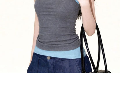 Scoop Neck Two Tone Mock Two Piece Tank Top