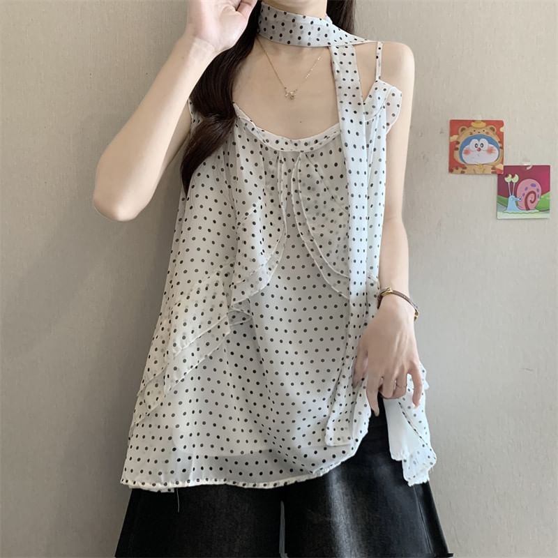 Two Piece Set: Polka Dot Ruffle Camisole and Thin Scarf