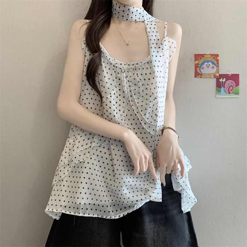 Two Piece Set: Polka Dot Ruffle Camisole and Thin Scarf