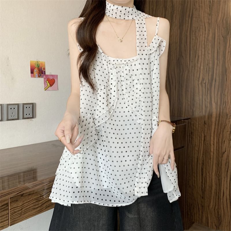 Two Piece Set: Polka Dot Ruffle Camisole and Thin Scarf