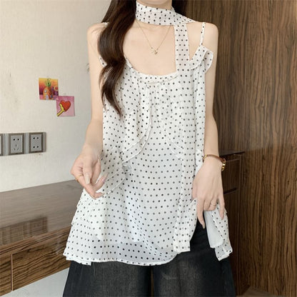 Two Piece Set: Polka Dot Ruffle Camisole and Thin Scarf
