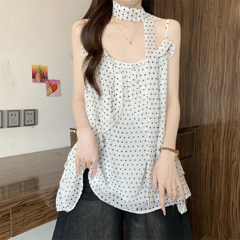 Two Piece Set: Polka Dot Ruffle Camisole and Thin Scarf