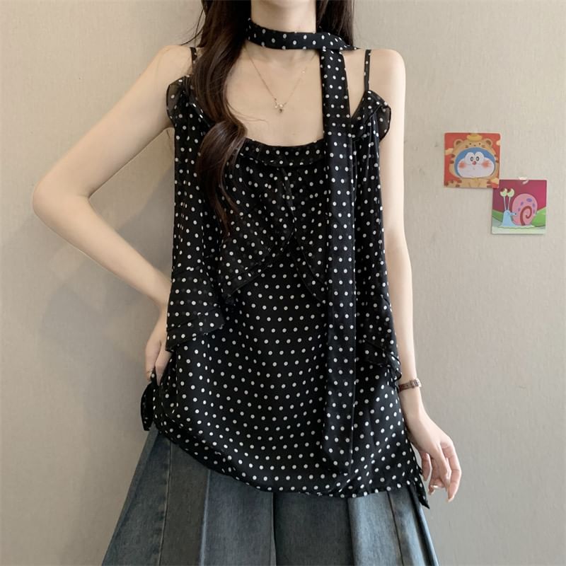 Two Piece Set: Polka Dot Ruffle Camisole and Thin Scarf
