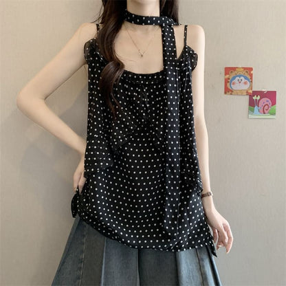 Two Piece Set: Polka Dot Ruffle Camisole and Thin Scarf