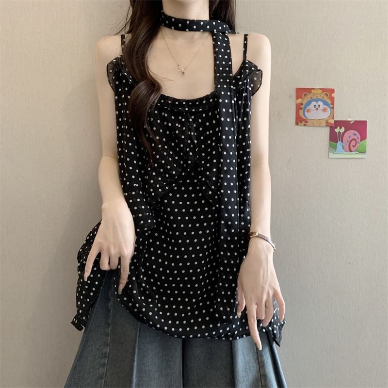 Two Piece Set: Polka Dot Ruffle Camisole and Thin Scarf