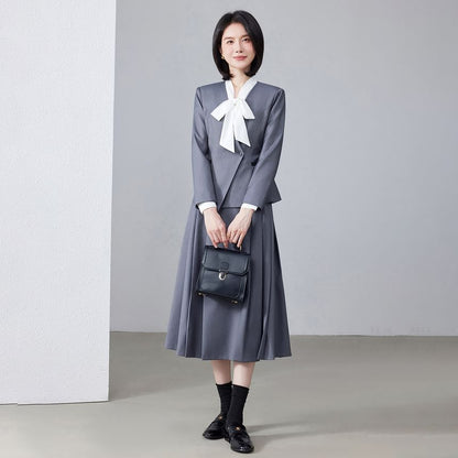 Tie-Neck Plain Blouse / Plain Asymmetrical Blazer / High Waist Pleated Midi A-Line Skirt