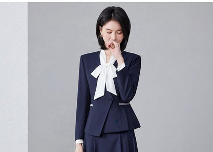 Tie-Neck Plain Blouse / Plain Asymmetrical Blazer / High Waist Pleated Midi A-Line Skirt