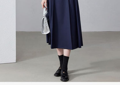 Tie-Neck Plain Blouse / Plain Asymmetrical Blazer / High Waist Pleated Midi A-Line Skirt
