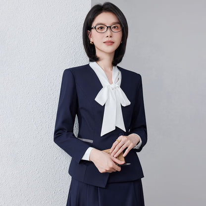 Set: Tie-Neck Plain Blouse + Plain Asymmetrical Blazer + High Waist Pleated Midi A-Line Skirt