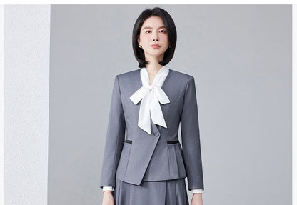 Set: Tie-Neck Plain Blouse + Plain Asymmetrical Blazer + High Waist Pleated Midi A-Line Skirt
