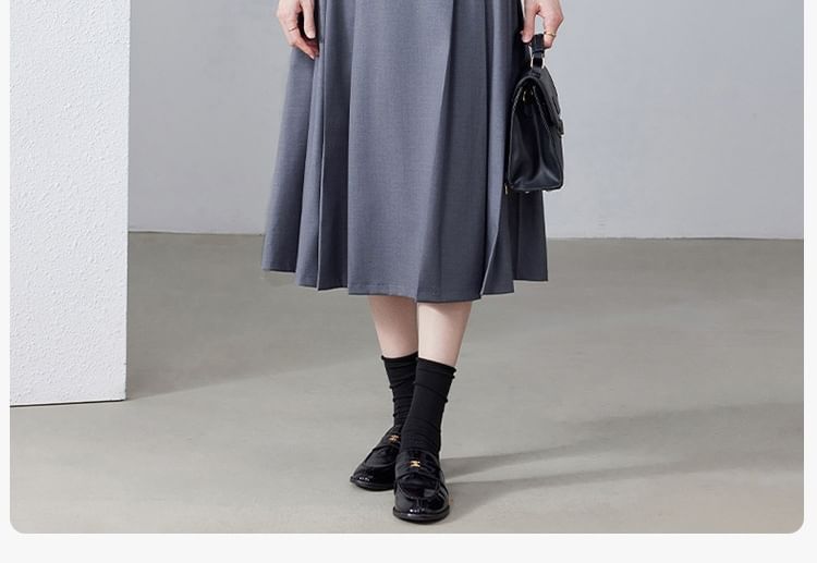 Set: Tie-Neck Plain Blouse + Plain Asymmetrical Blazer + High Waist Pleated Midi A-Line Skirt