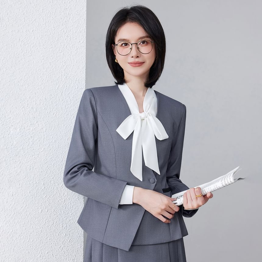 Set: Tie-Neck Plain Blouse + Plain Asymmetrical Blazer + High Waist Pleated Midi A-Line Skirt